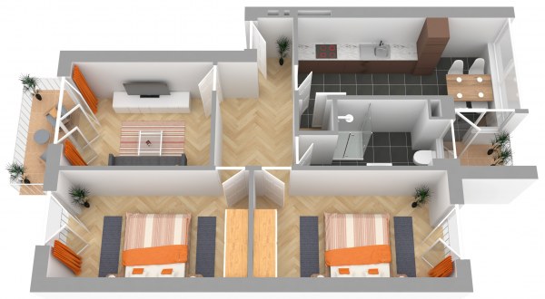3D Klassik Grundriss einer möblierten Wohnung mit zwei Schlafzimmern, Wohnzimmer und Badezimmer