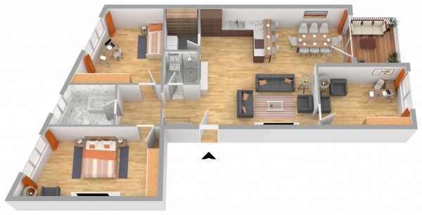 3D Grundriss einer Wohnung mit Wohnzimmer, Küche, Essbereich, Schlafzimmer und Bad
