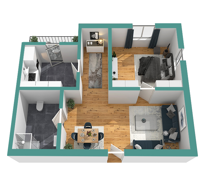 3D Grundriss 3D Premium Style 2 Retro-Grün Ansicht 1