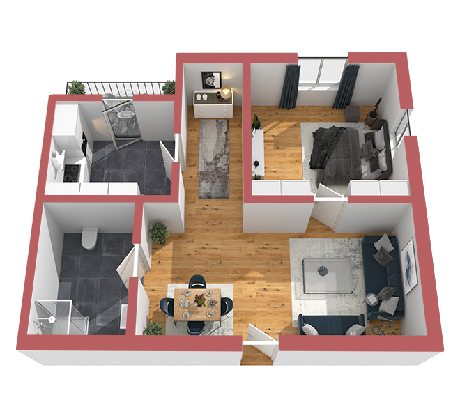 3D Grundriss 3D Premium Style 2 Retro-Rot Ansicht 1