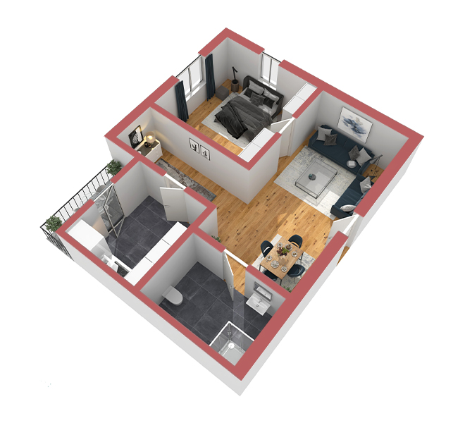 3D Grundriss 3D Premium Style 2 Retro-Rot Ansicht 2