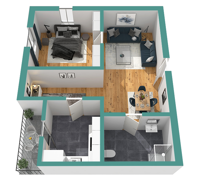 3D Grundriss 3D Premium Style 2 Retro-Grün Ansicht 3