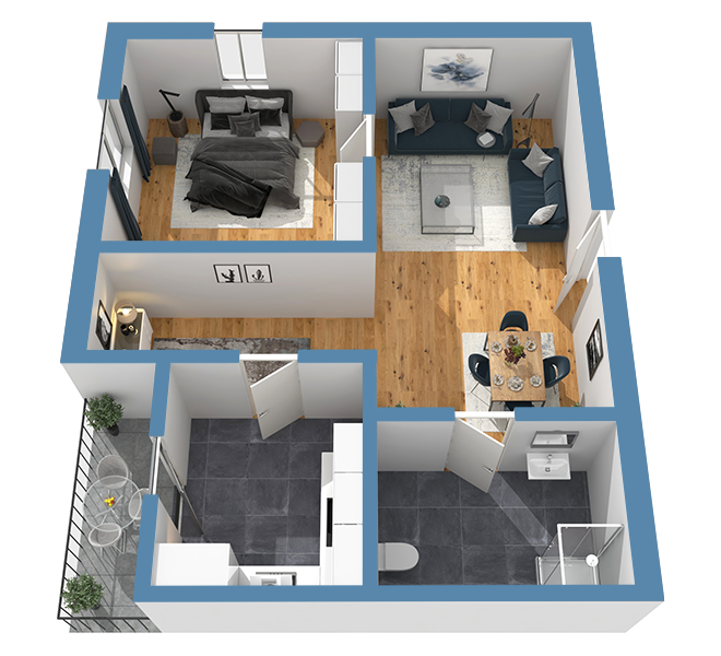 3D Grundriss 3D Premium Style 2 Retro-Blau Ansicht 3