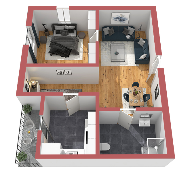 3D Grundriss 3D Premium Style 2 Retro-Rot Ansicht 3