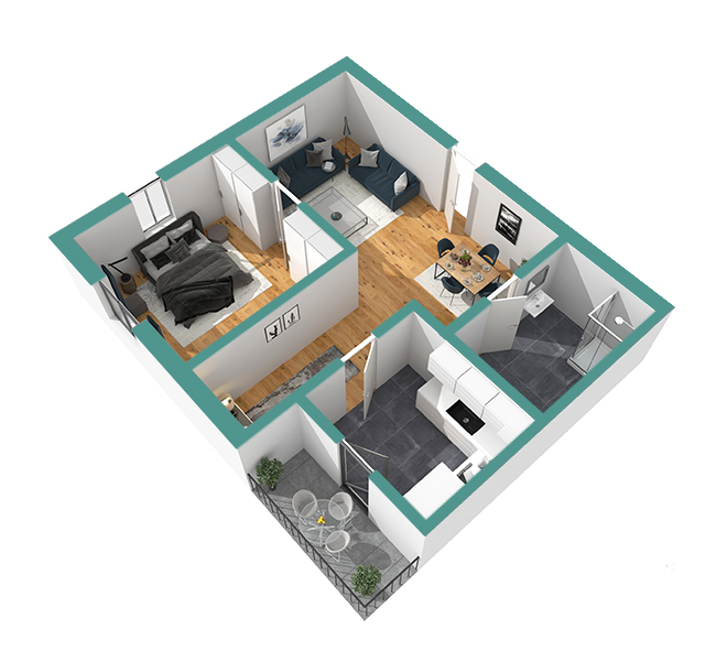 3D Grundriss 3D Premium Style 2 Retro-Grün Ansicht 4