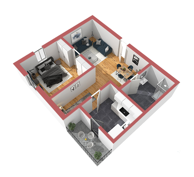 3D Grundriss 3D Premium Style 2 Retro-Rot Ansicht 4