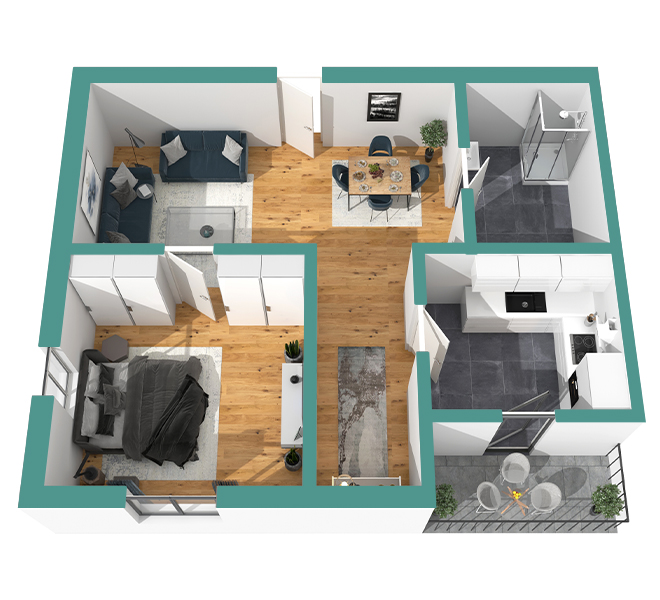 3D Grundriss 3D Premium Style 2 Retro-Grün Ansicht 5