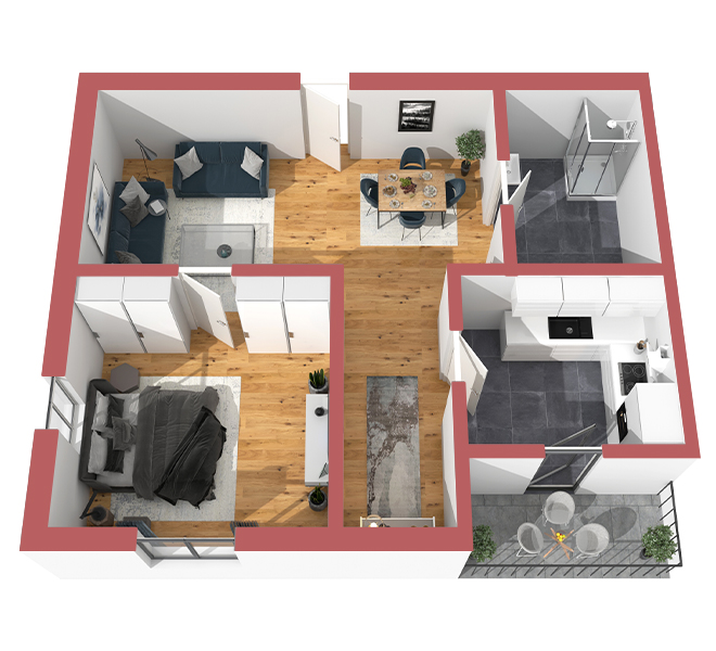 3D Grundriss 3D Premium Style 2 Retro-Rot Ansicht 5