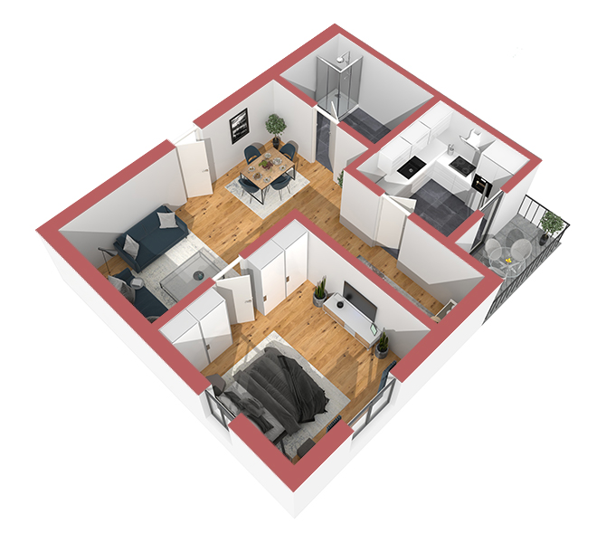 3D Grundriss 3D Premium Style 2 Retro-Rot Ansicht 6