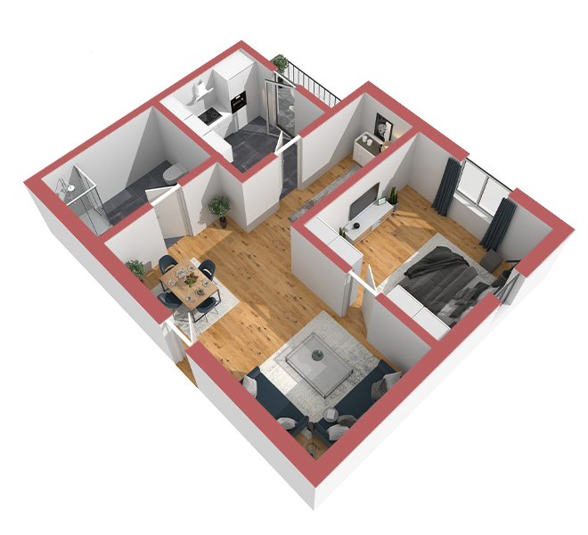 3D Grundriss 3D Premium Style 2 Retro-Rot Ansicht 8