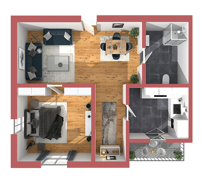 3D Grundriss 3D Premium Style 2 Retro-Rot Ansicht 9