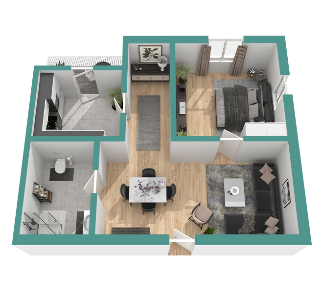 3D Grundriss 3D Premium Style 1 Retro-Grün Ansicht 1