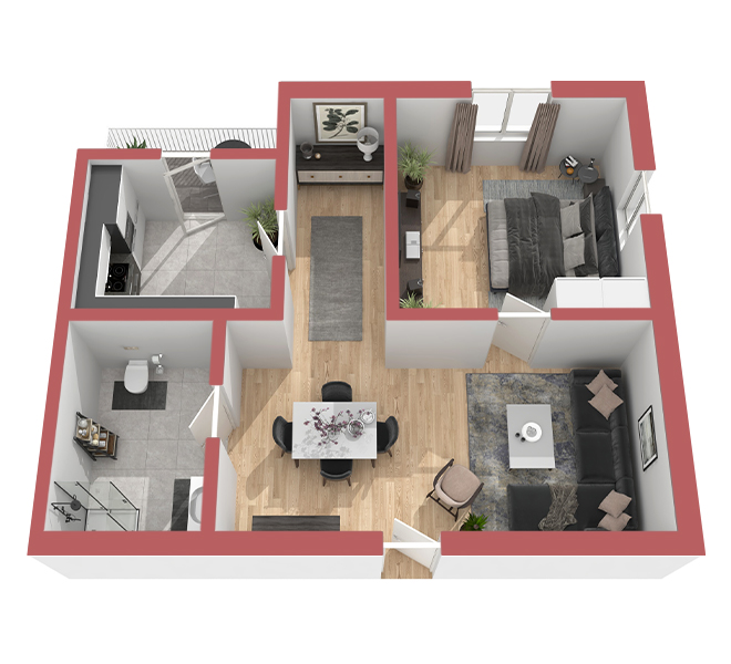 3D Grundriss 3D Premium Style 1 Retro-Rot Ansicht 1