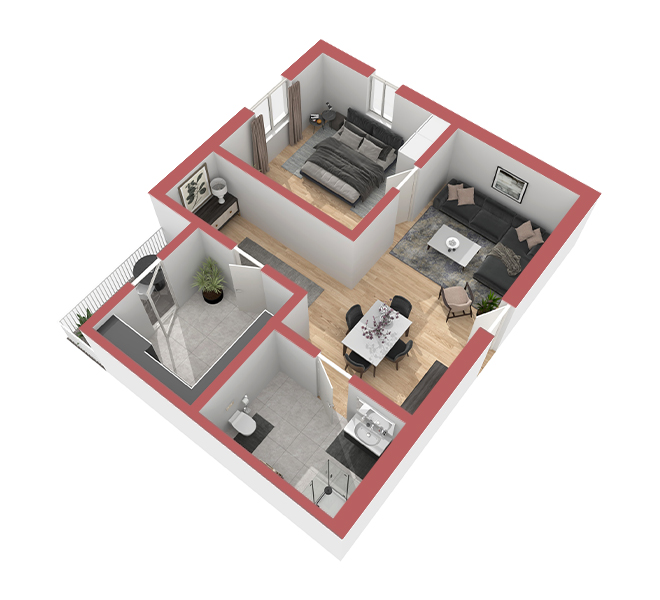 3D Grundriss 3D Premium Style 1 Retro-Rot Ansicht 2