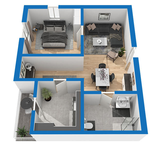 3D Grundriss 3D Premium Style 1 Blau Ansicht 3