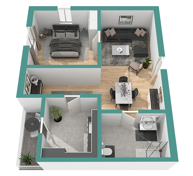 3D Grundriss 3D Premium Style 1 Retro-Grün Ansicht 3