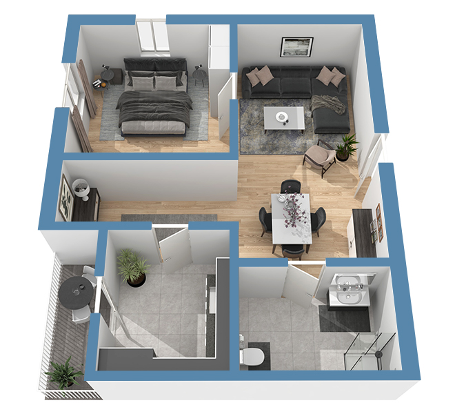 3D Grundriss 3D Premium Style 1 Retro-Blau Ansicht 3