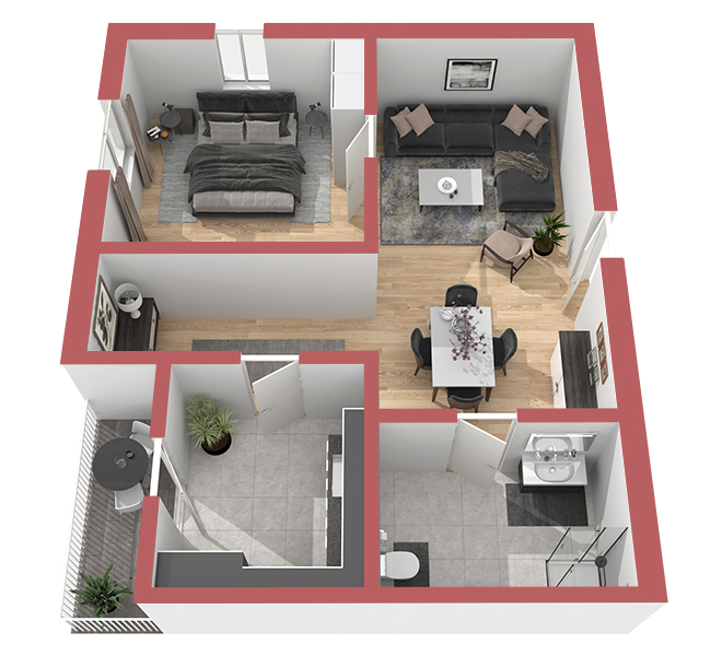 3D Grundriss 3D Premium Style 1 Retro-Rot Ansicht 3