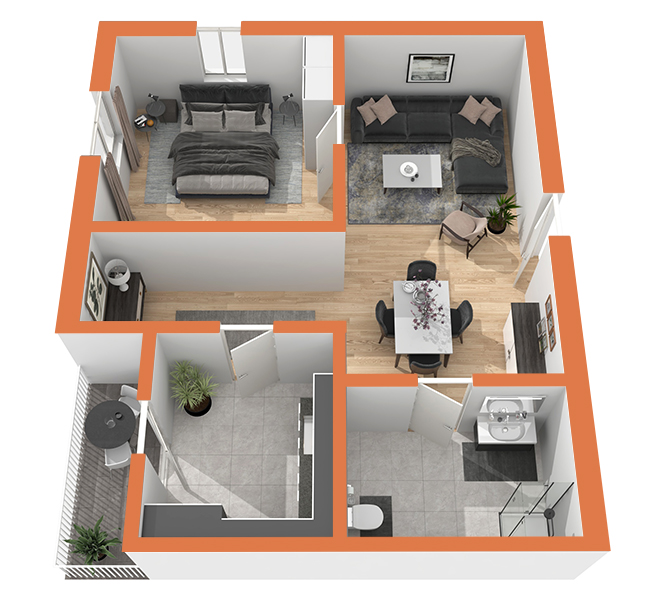 3D Grundriss 3D Premium Style 1 Orange Ansicht 3