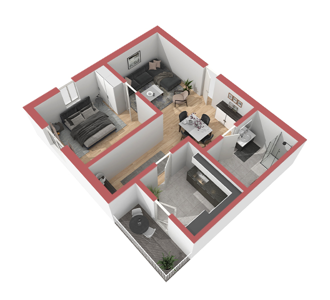 3D Grundriss 3D Premium Style 1 Retro-Rot Ansicht 4