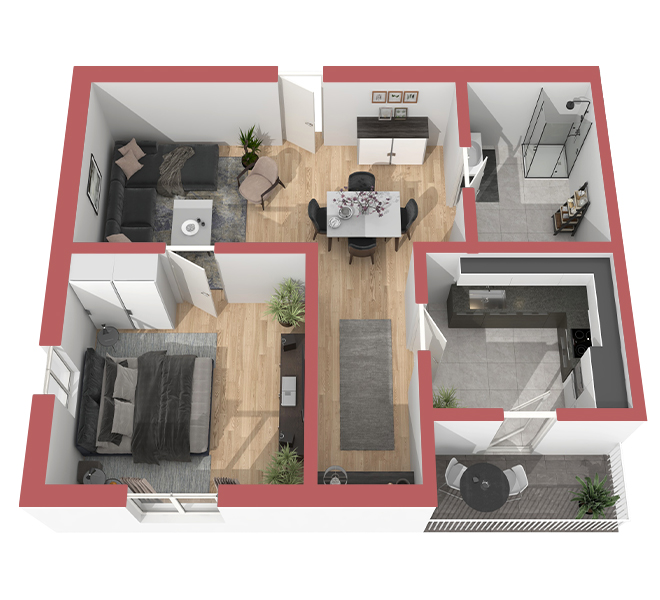3D Grundriss 3D Premium Style 1 Retro-Rot Ansicht 5