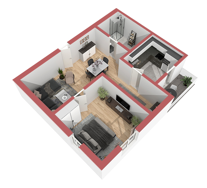 3D Grundriss 3D Premium Style 1 Retro-Rot Ansicht 6