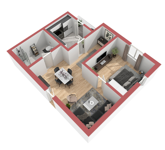 3D Grundriss 3D Premium Style 1 Retro-Rot Ansicht 8