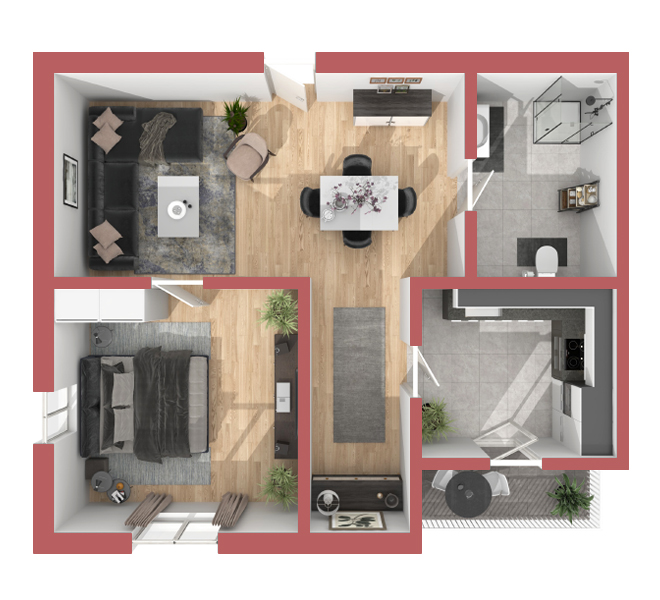 3D Grundriss 3D Premium Style 1 Retro-Rot Ansicht 9