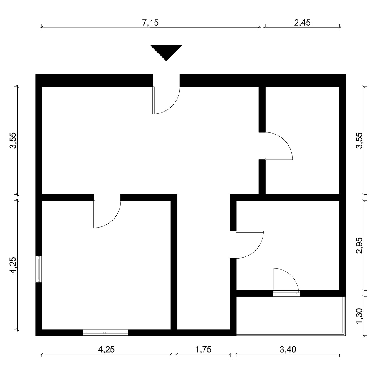 Grundriss mit Maßkette der Raumgrößen außen