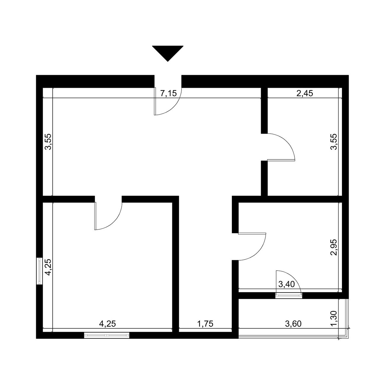 Grundriss mit Maßkette der Raumgrößen innen